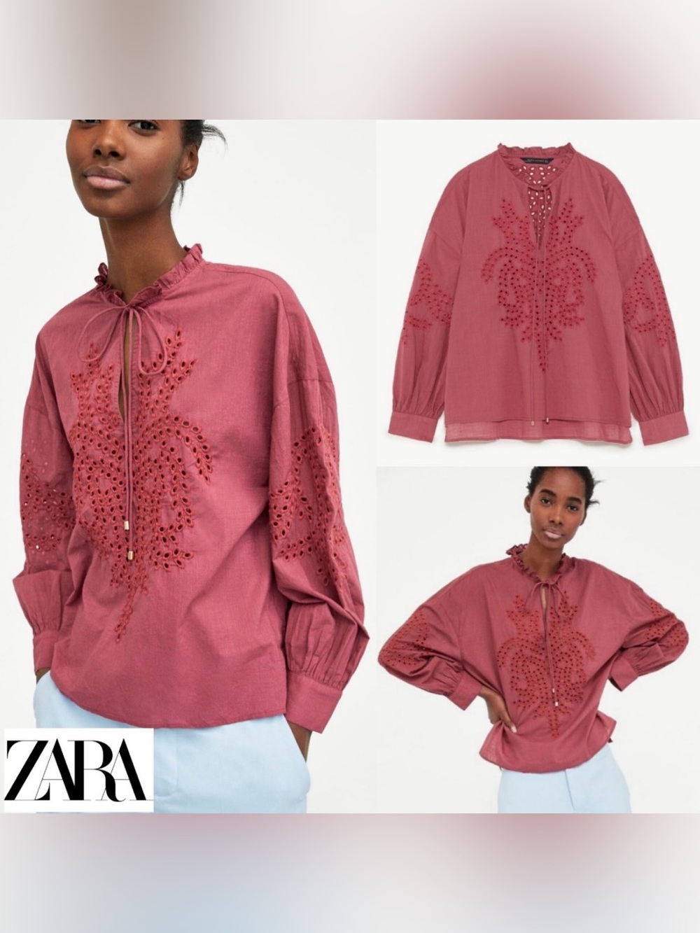 ZARA | Embroidered Tie-Neck Peasant Blouse in Deep Dusty Rose - sz S/M